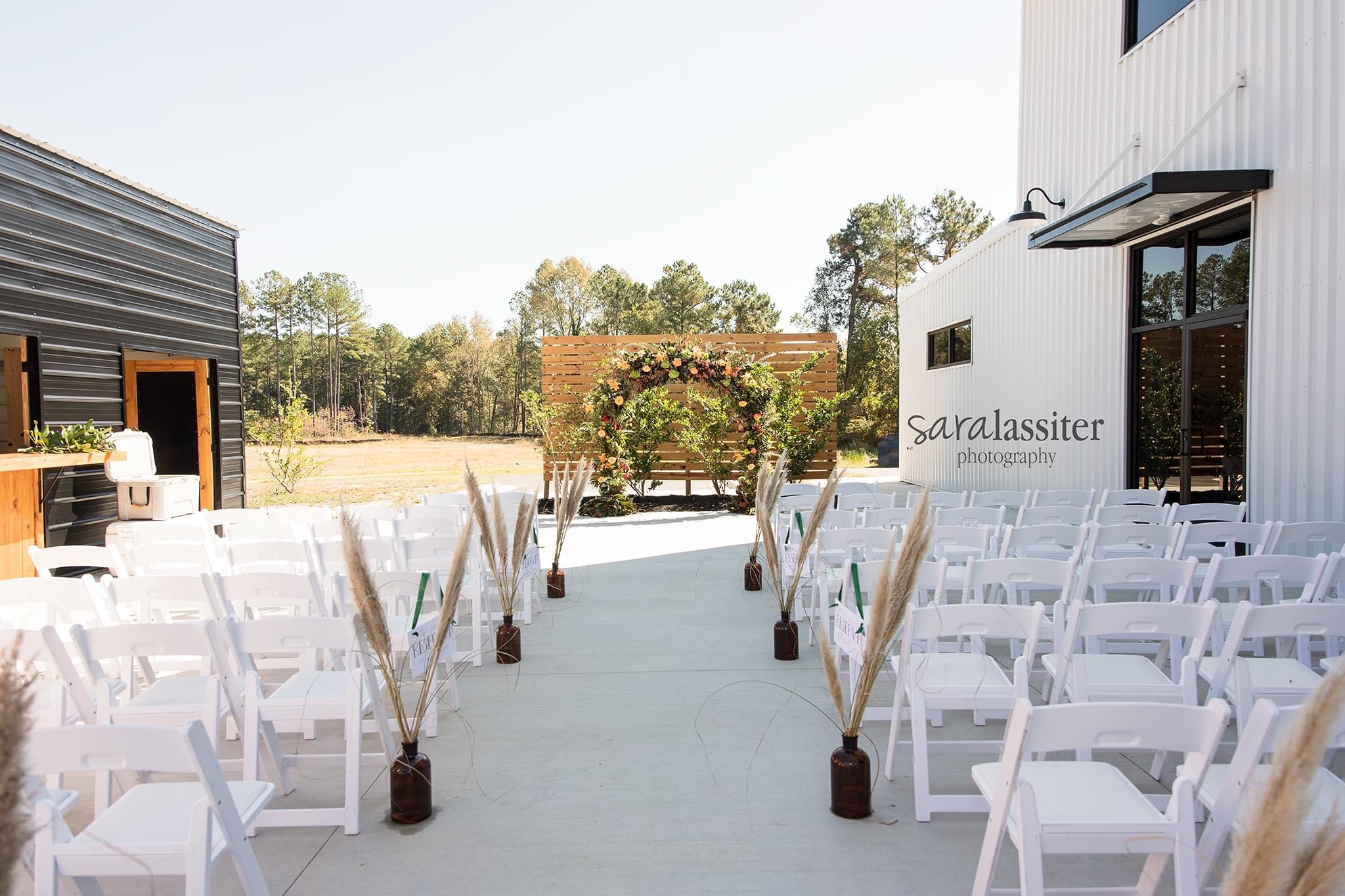 Factory 633’s open-air patio arranged for a wedding ceremony