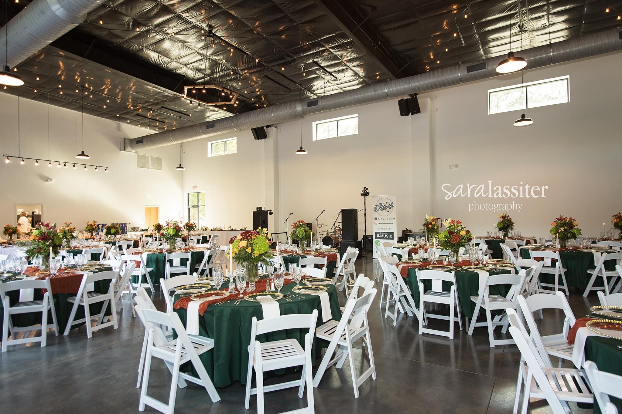Main hall set with tables and chairs for a wedding reception